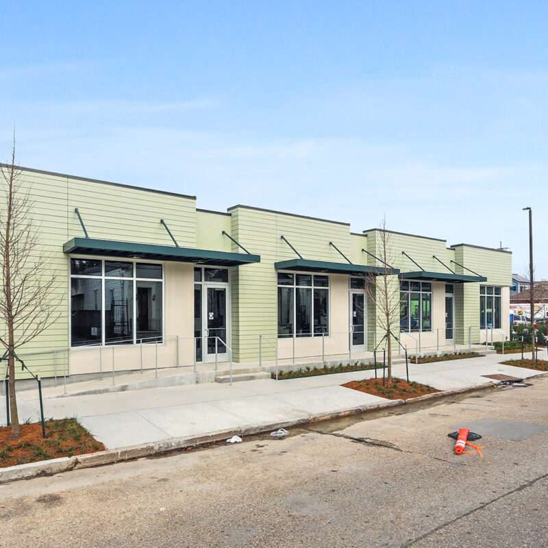 Green building with awning