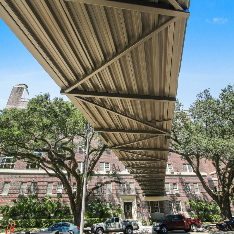 Brick building with elevated walkway