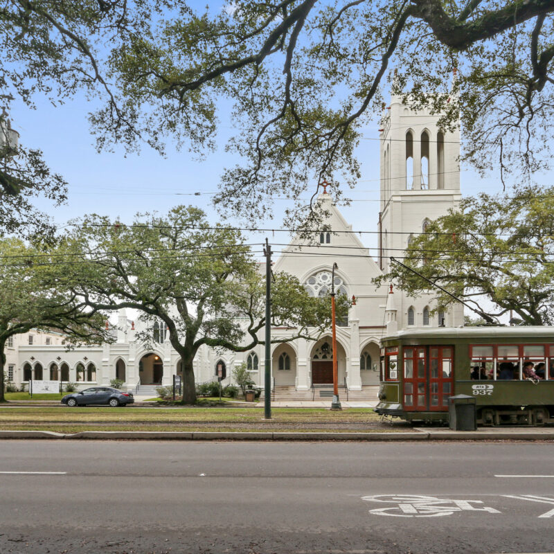 St. Charles Ave church with streetcar