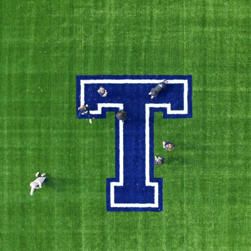 Blue logo on turf